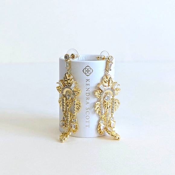 Kendra Scott Jewelry - Kendra Scott Leigh Statement Dangle Earrings Monstera Leaves, Crystals, 14k gold